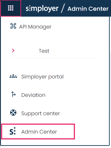 Admin Center in Simployer menu